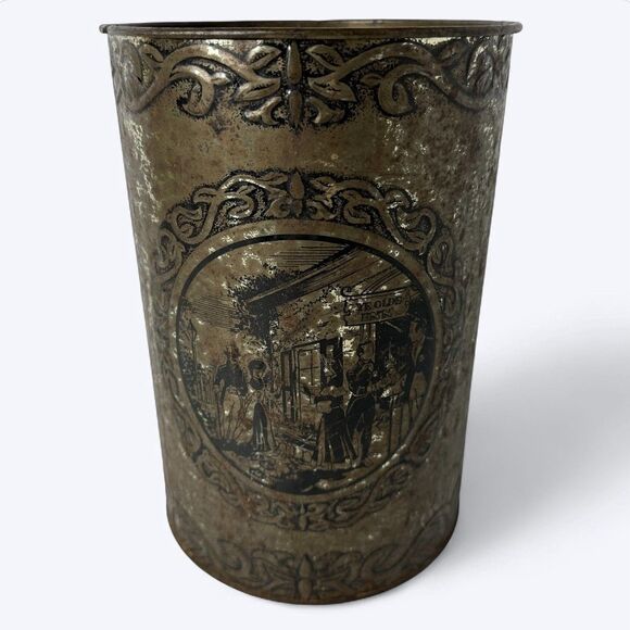 Vtg Metal Trash Can Ye Old Inn Scene Waste Bin Rustic Primitive Patina Tavern - Picture 1 of 16